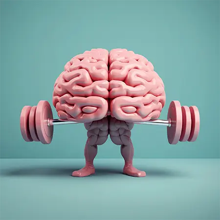 Image 3D d'un cerveau humain soulevant des poids de musculation
